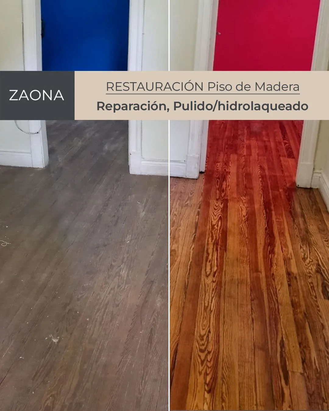Piso de madera antes y después del pulido e hidrolaqueado, en el mismo ambiente